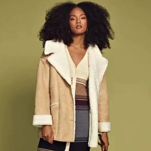 Free People Diogo Faux Suede Sherpa Coat M Tan Cream Button Down Oversized NWT